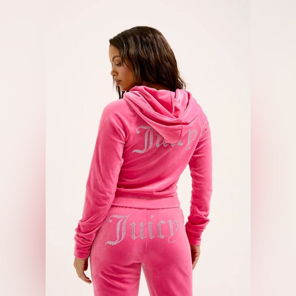 NEW! JUICY COUTURE Velour OG Bling Tracksuit Hoodie & Pant Set Pink Party